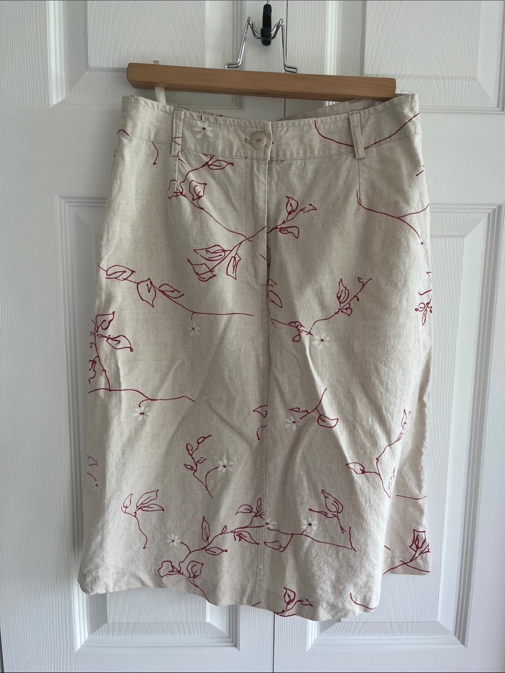 Vintage French Linen Beige Floral- A-Line Skirt with Red Accents